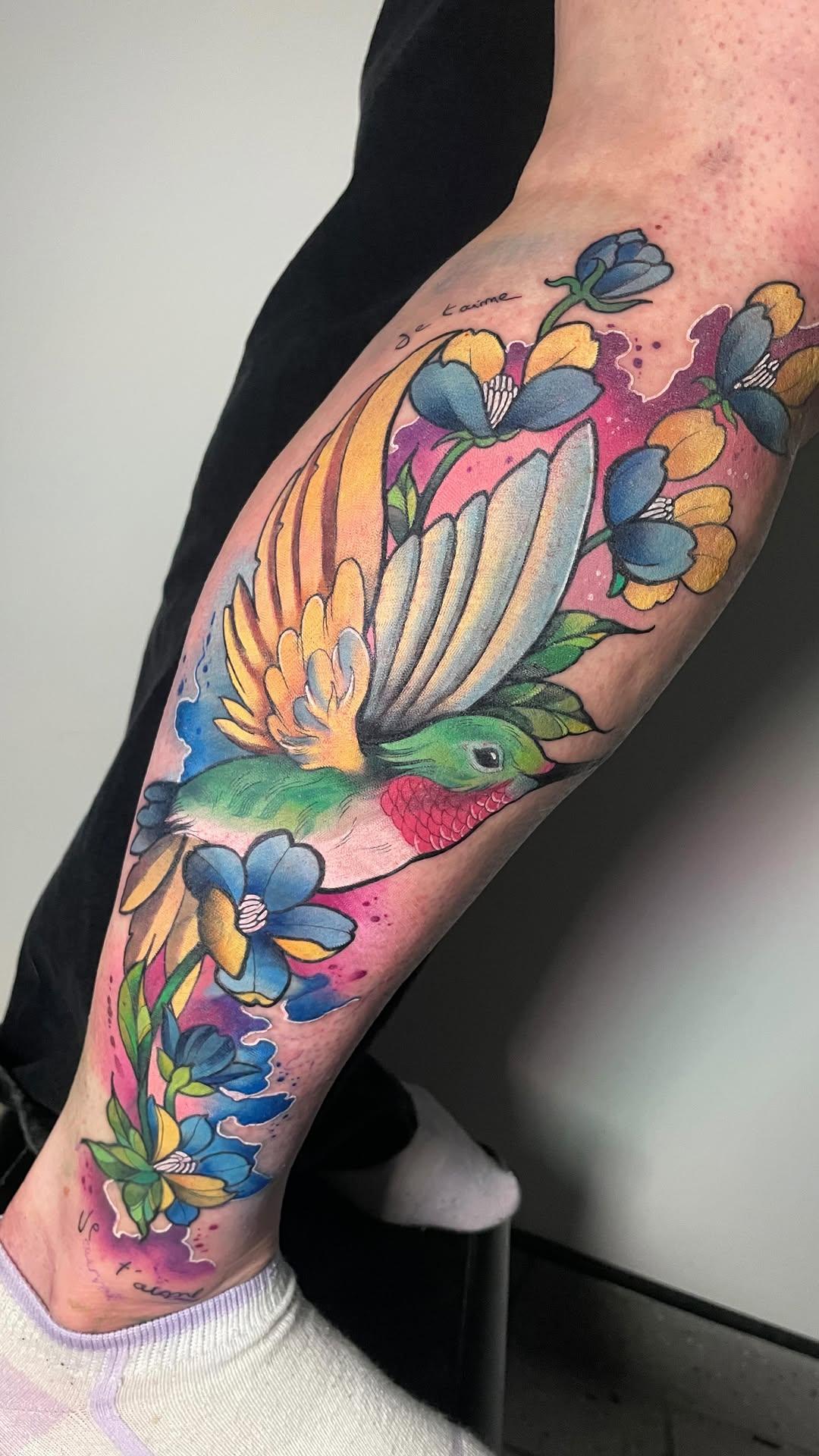 Tatouage Colibri fleurs aquarelle cover — oshink__