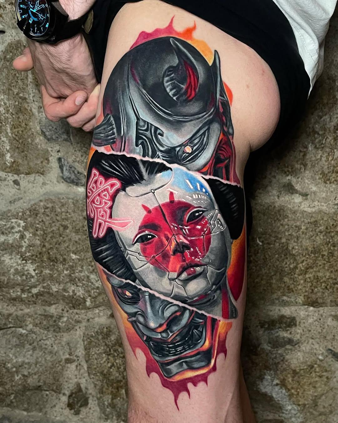 Tatouage Hannya et Ghost in the Shell réalisme couleur — arnaud_pradier_tattooist