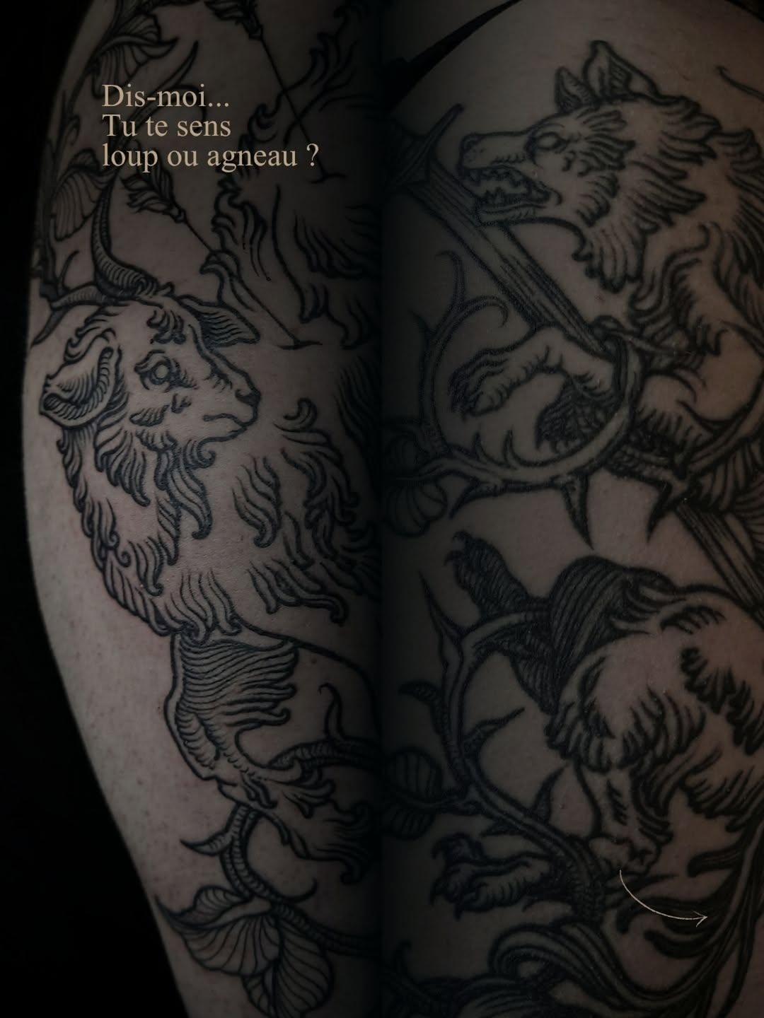 Tatouage agneau et loup avec flèches et épée — larosedejericho.tattoo