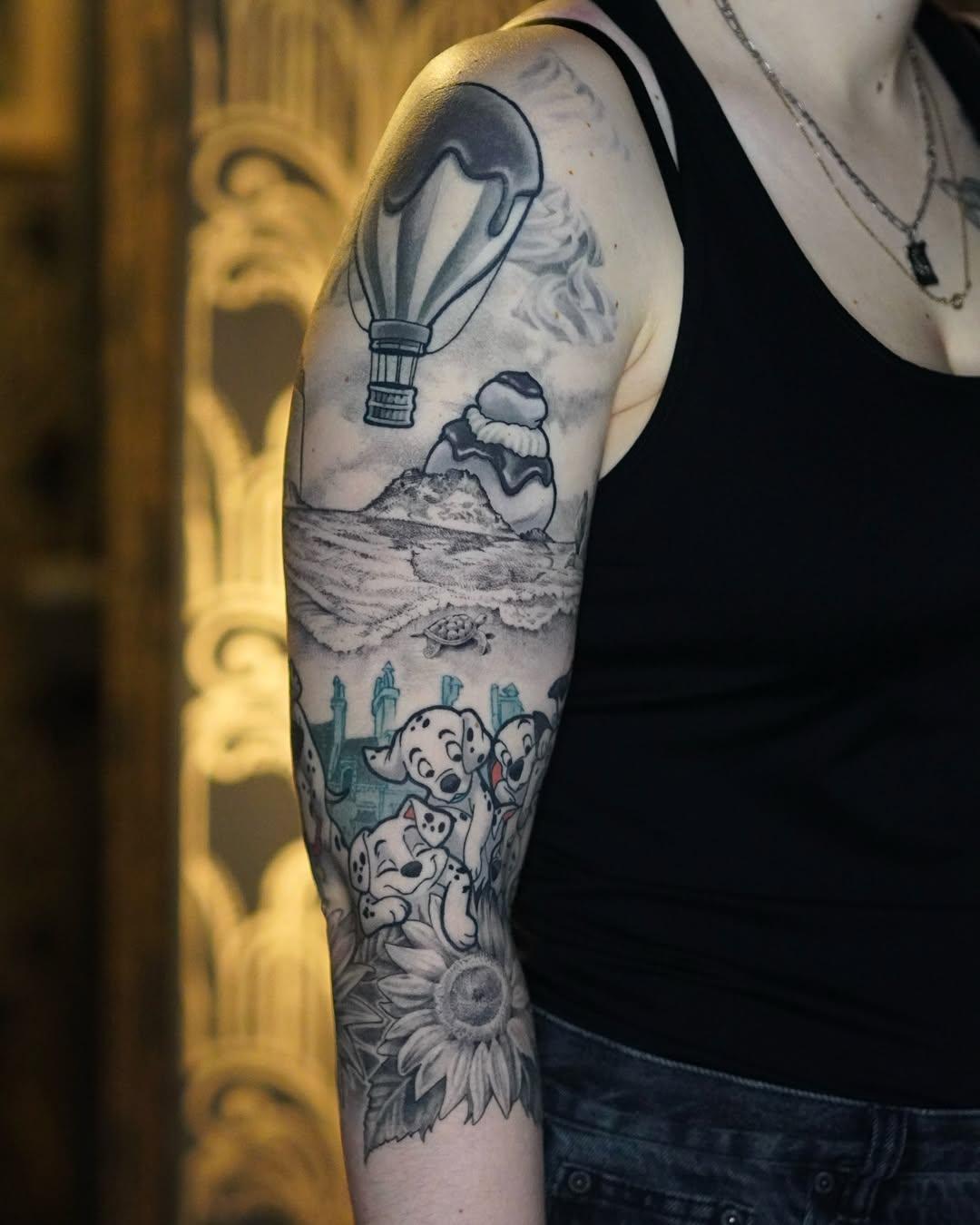 Tatouage 4 univers en bandeau (pâtisserie, voyage, 101 dalmatiens, tournesols) — yagothebear