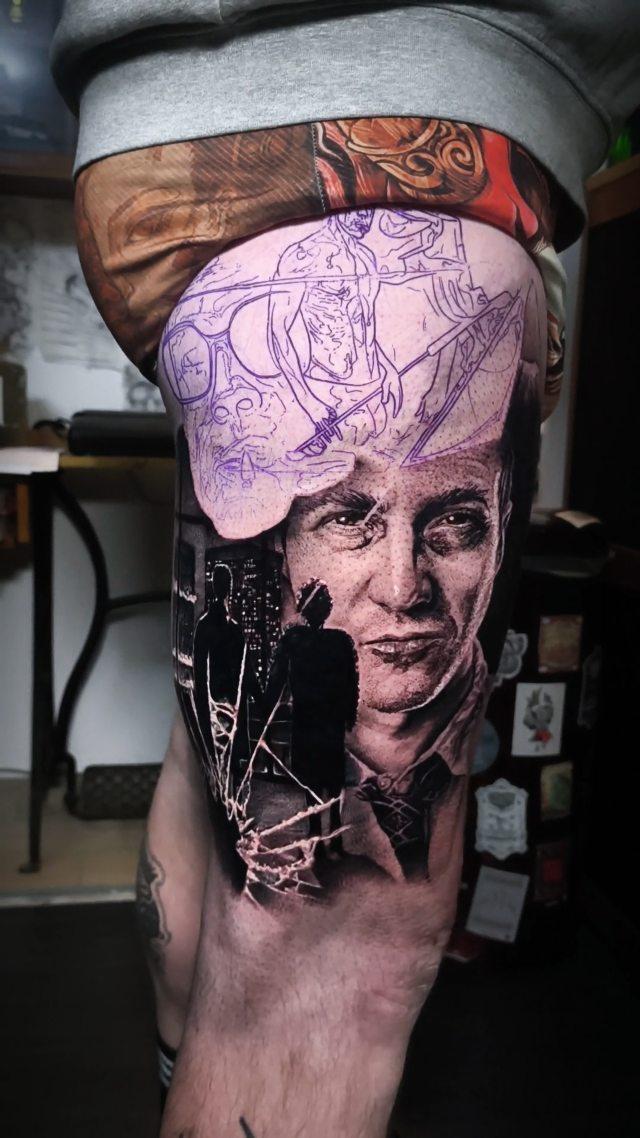 Tatouage Fight Club thématique jambe — luceckertattooer