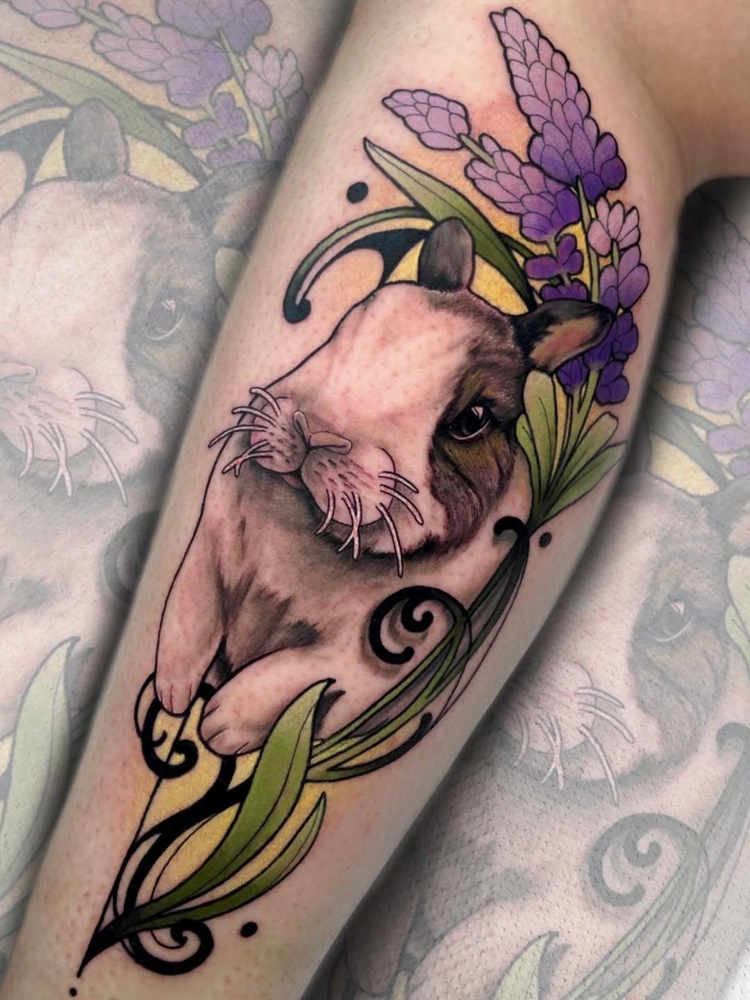 Tatouage Tête de lapin fleurs violettes — silent_screamink