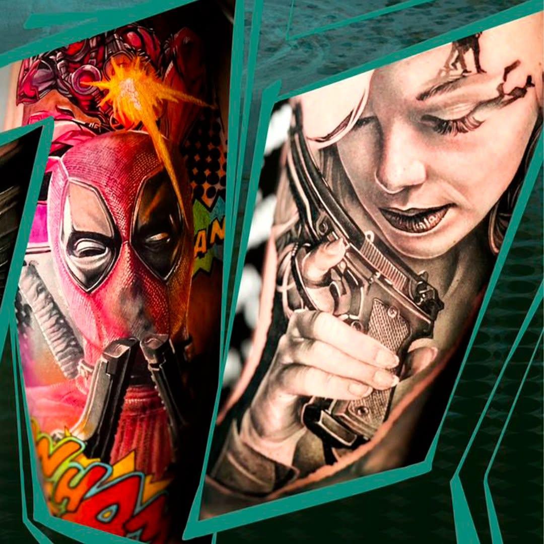Tatouage Deadpool et portrait réaliste couleur — kiliandangelo_tattooartist