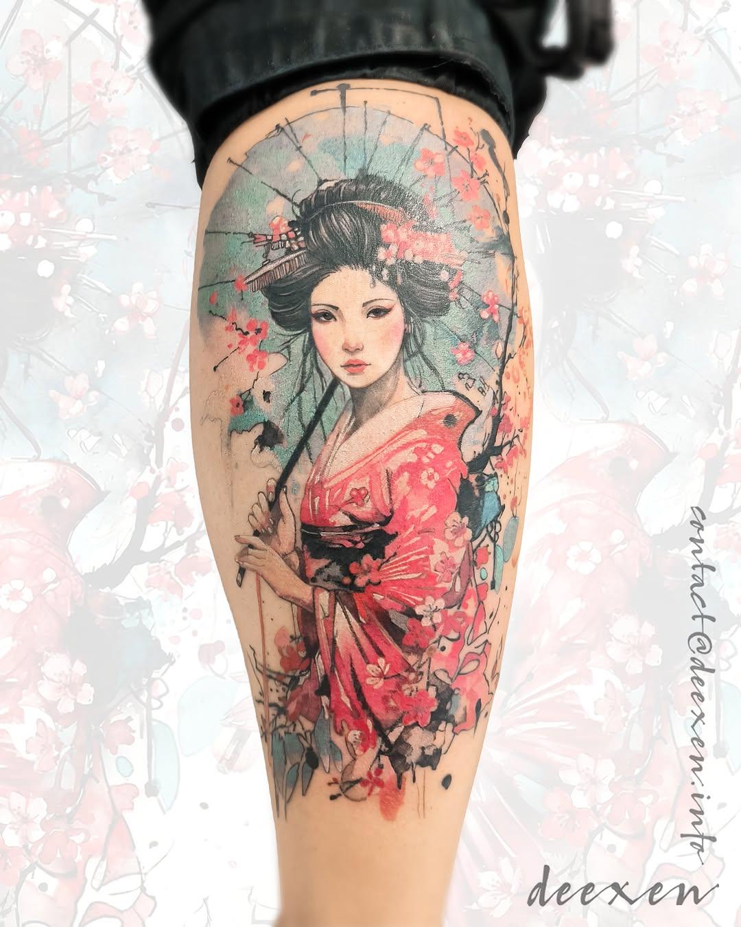 Tatouage geisha fleurs sakura — deexen_tattooing