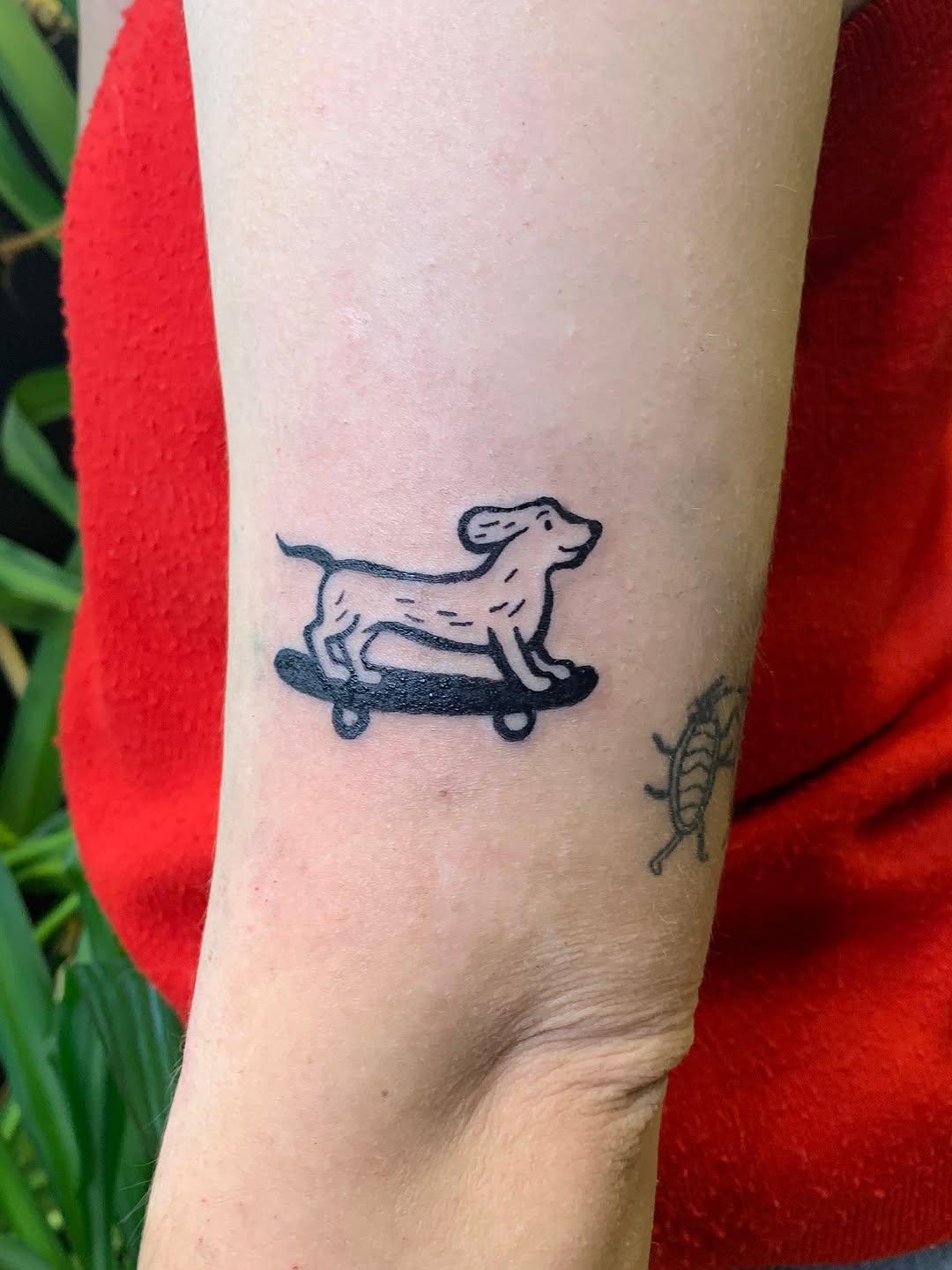 Tatouage teckel sur skateboard — camila.tatua