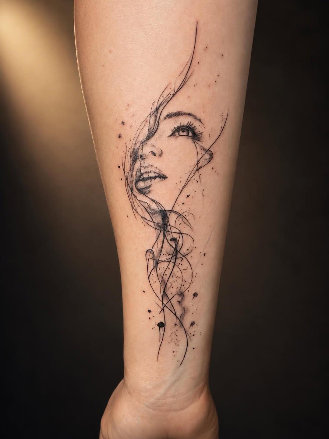 Tatouage Portrait féminin visage esquissé lignes fluides — dollinart