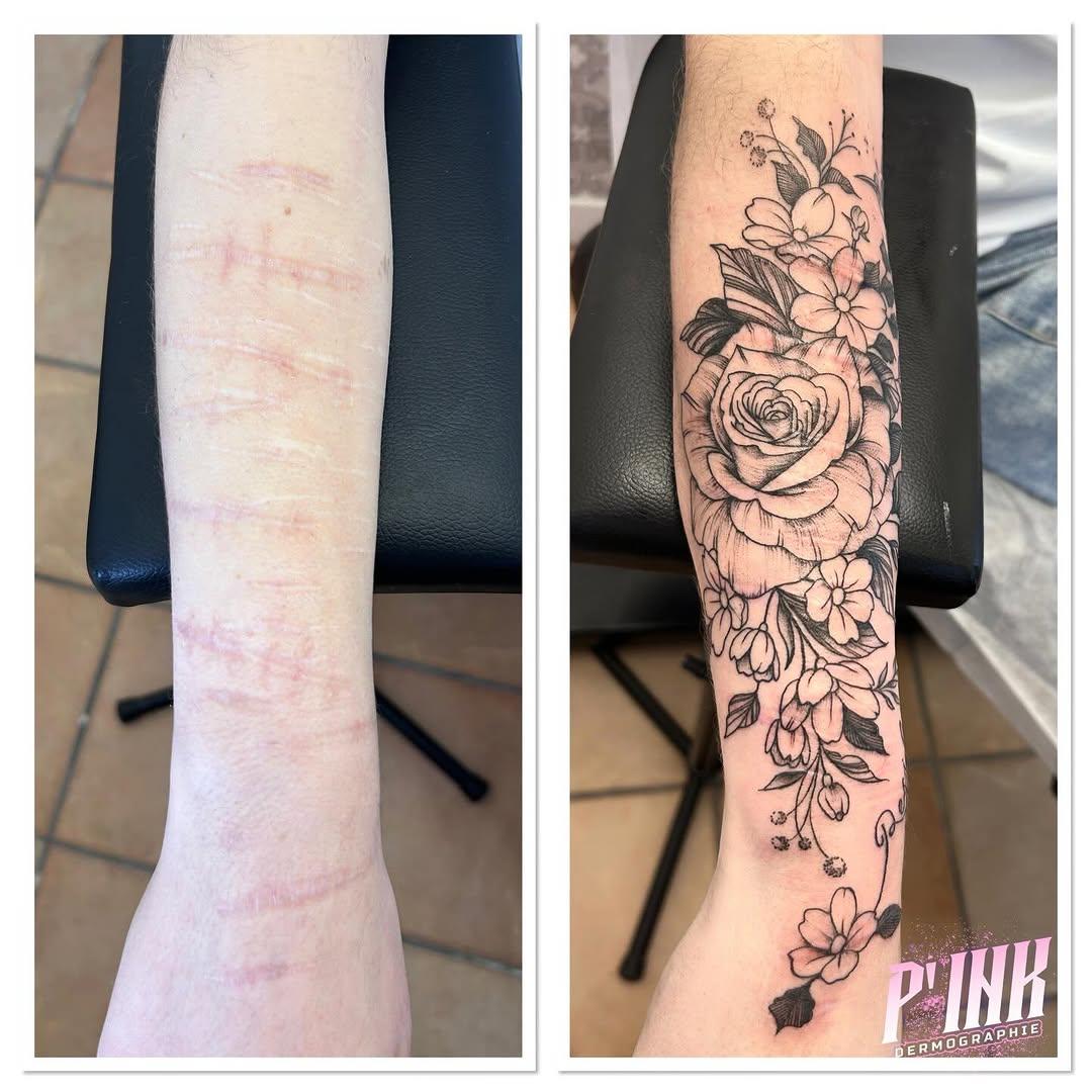 Tatouage Fleurs cover-up cicatrices avant-bras — pinkdermographie