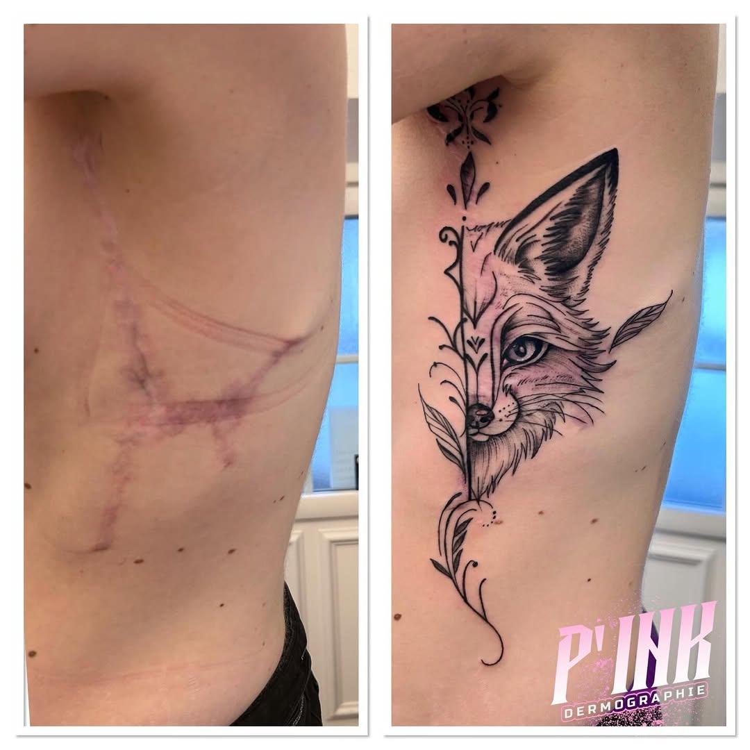 Tatouage Renard fleur cover-up avant-bras — pinkdermographie