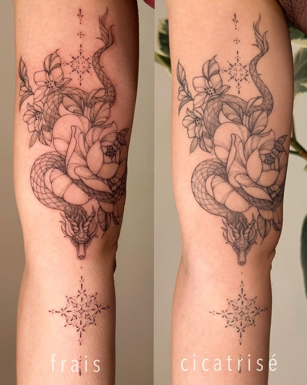 Tatouage Composition florale et ornementale jambe — opetiteslignes