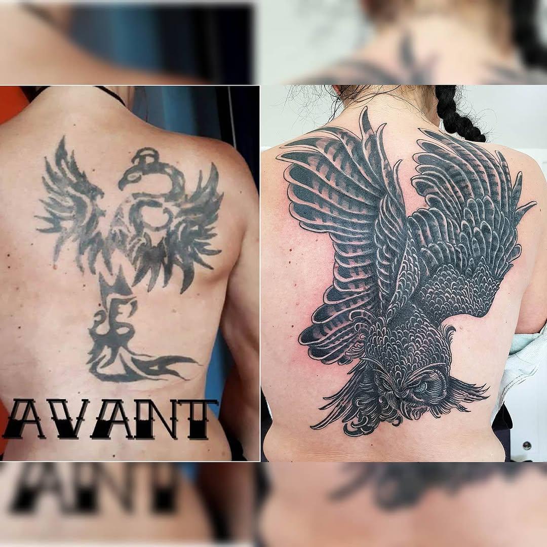 Tatouage Hibou chouette dos recouvrement — boobaxtattoo