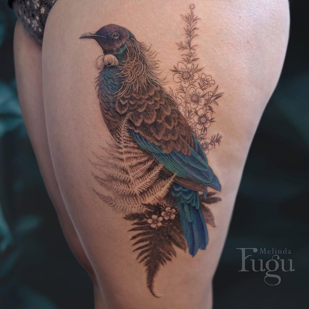 Tatouage Méliphage Tui avec manuka et fougère — melinda_fugu_tattoo
