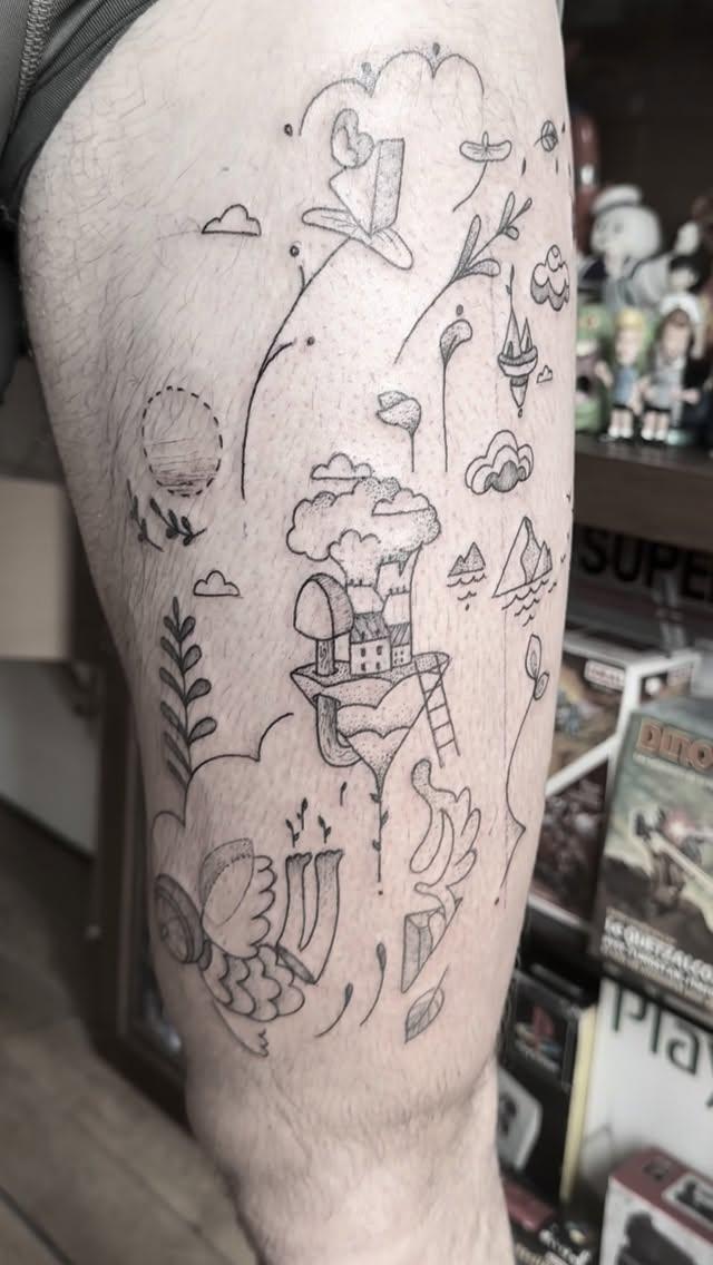 Tatouage Scène fantastique avec fleurs et champignons — mast_cora