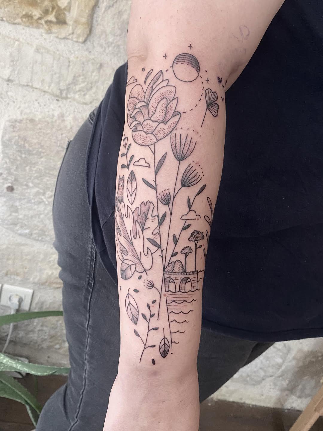 Tatouage Jardin botanique avec champignons et château — mast_cora