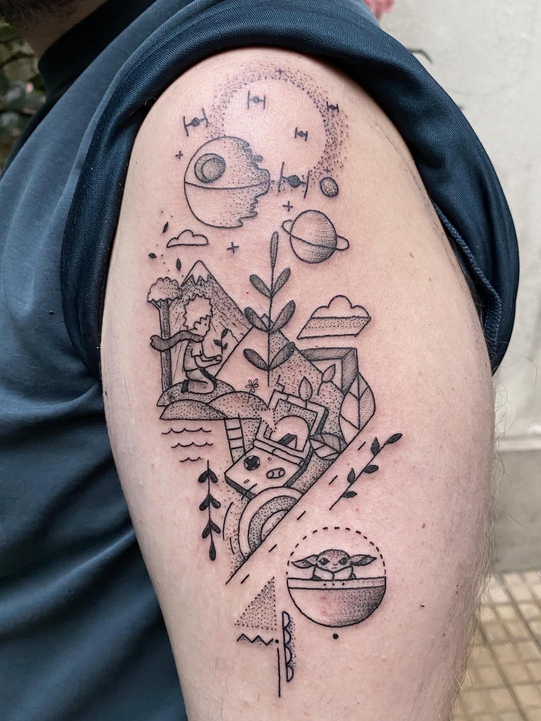 Tatouage Univers cosmique avec planètes et bâtiments — mast_cora
