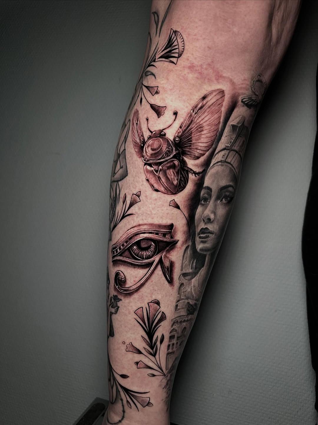 Tatouage sleeve egypte nefertiti — theatattoo06