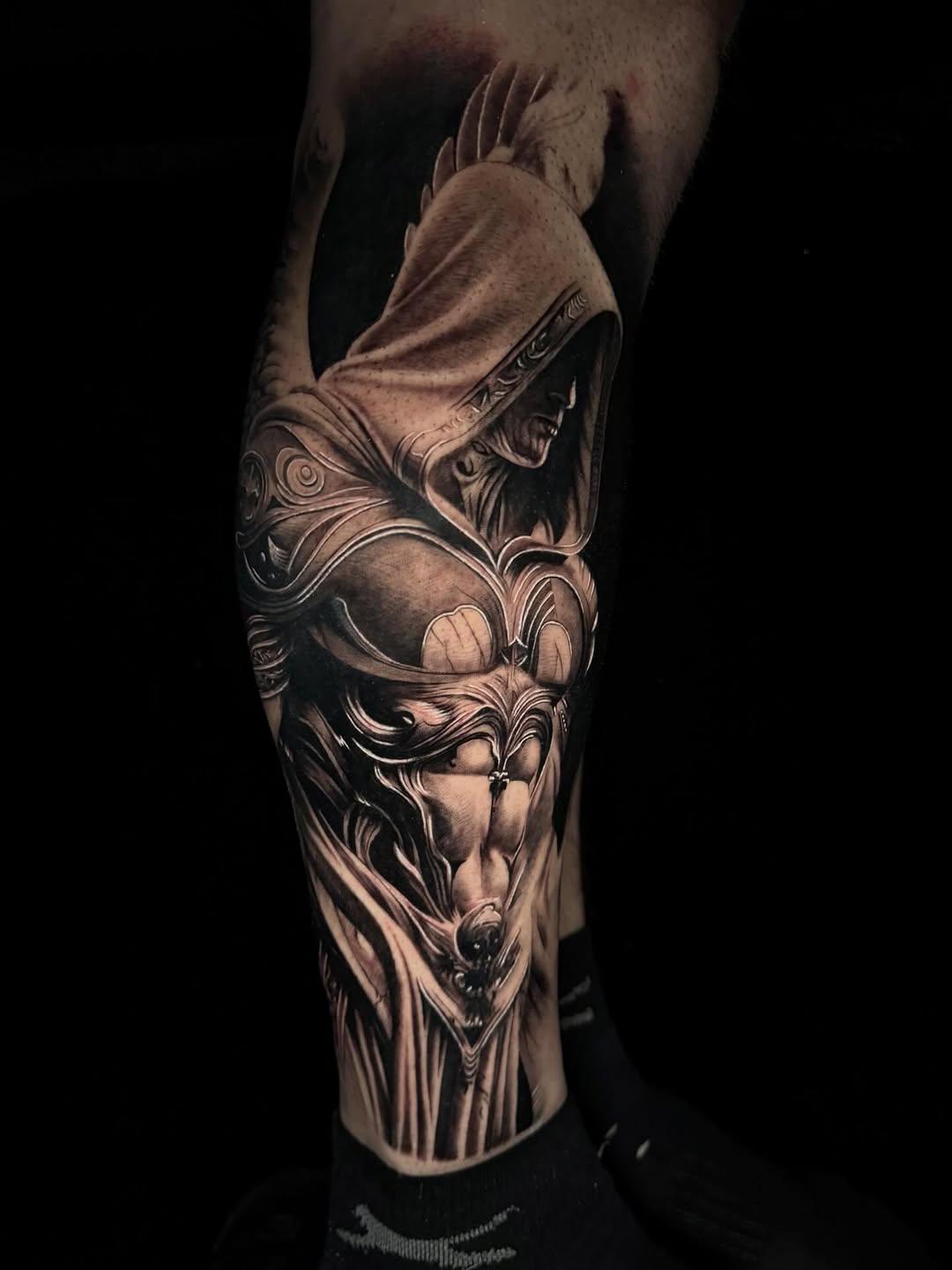 Tatouage guerrier samurai armure jambe — jeremy_josselin