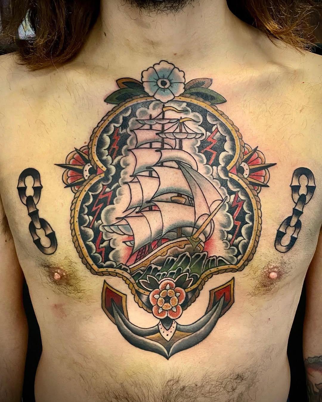 Tatouage voilier bateau avec ancre et fleur — lagueuse_tattoo