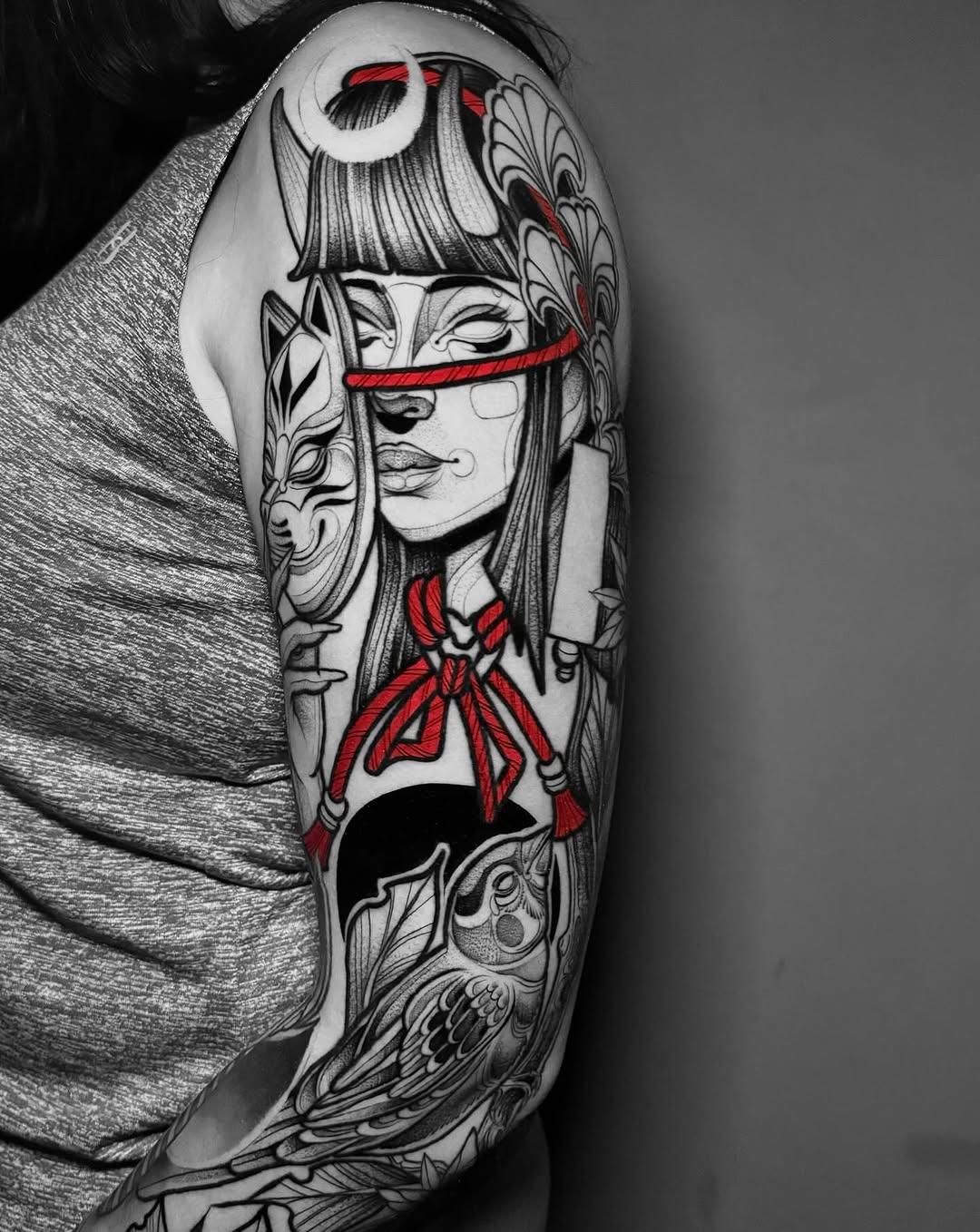 Geisha au masque de renard, black & red — batomorao