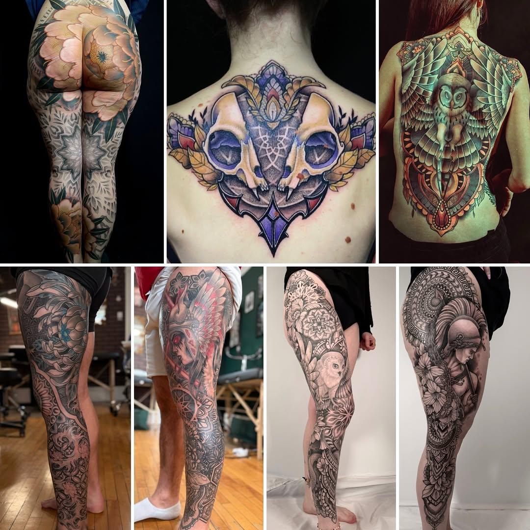 Tatouage collaboration - roses jambes, mandala dos, hibou dos — marine_ishigo_tattoo