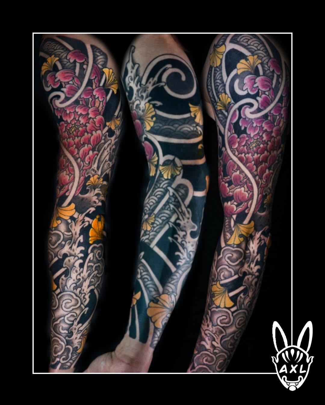 Tatouage bras complet traditionnel cicatrisé — axlt_art