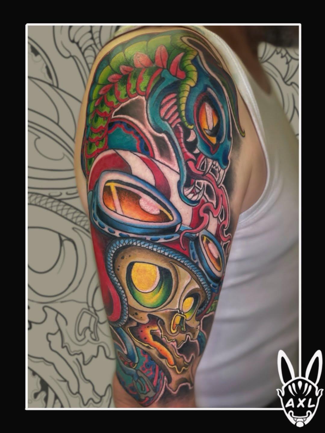 Tatouage crâne avec casque newschool cartoon — axlt_art
