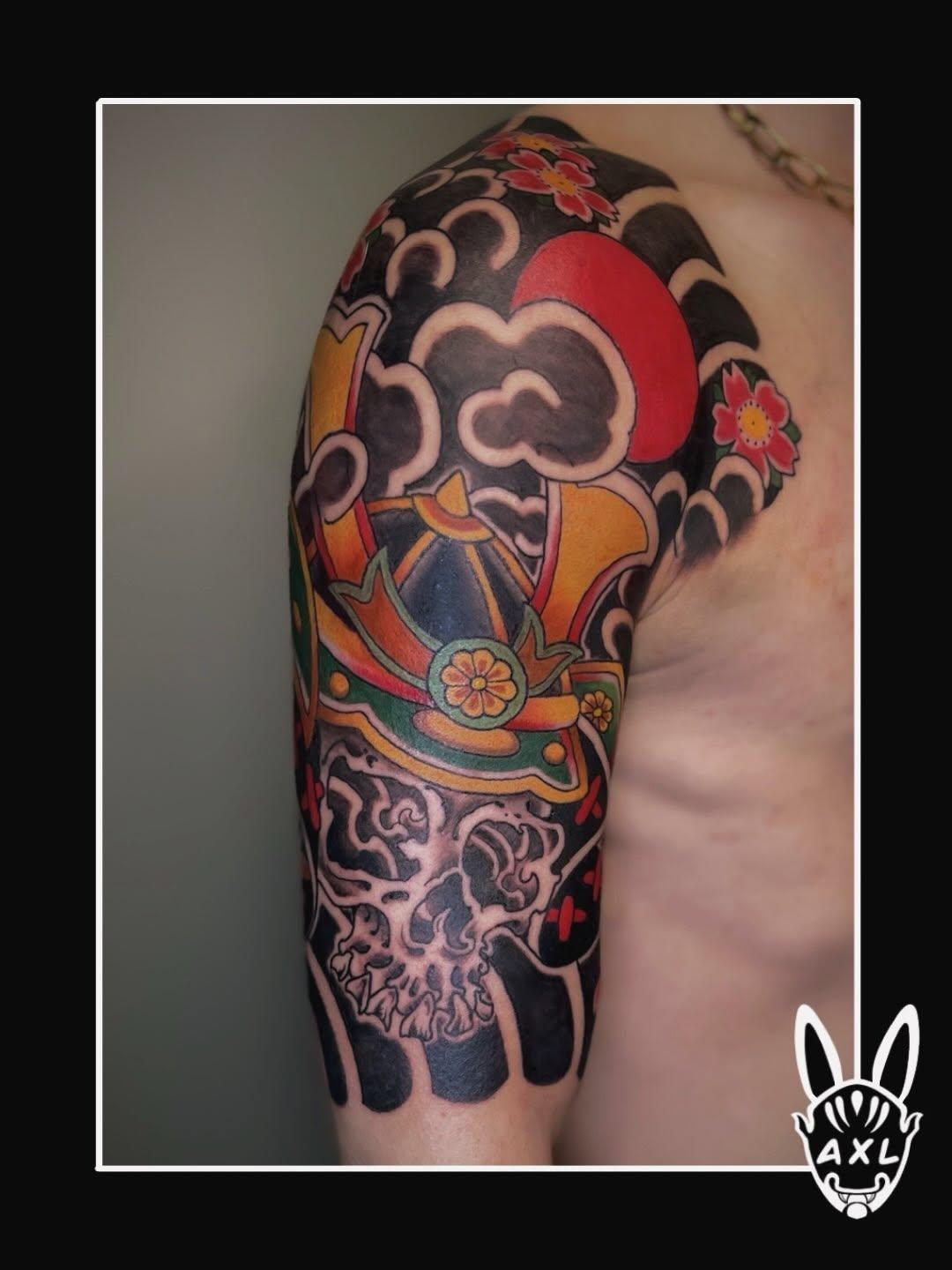 Tatouage samouraï squelette au clair de lune black and grey — axlt_art