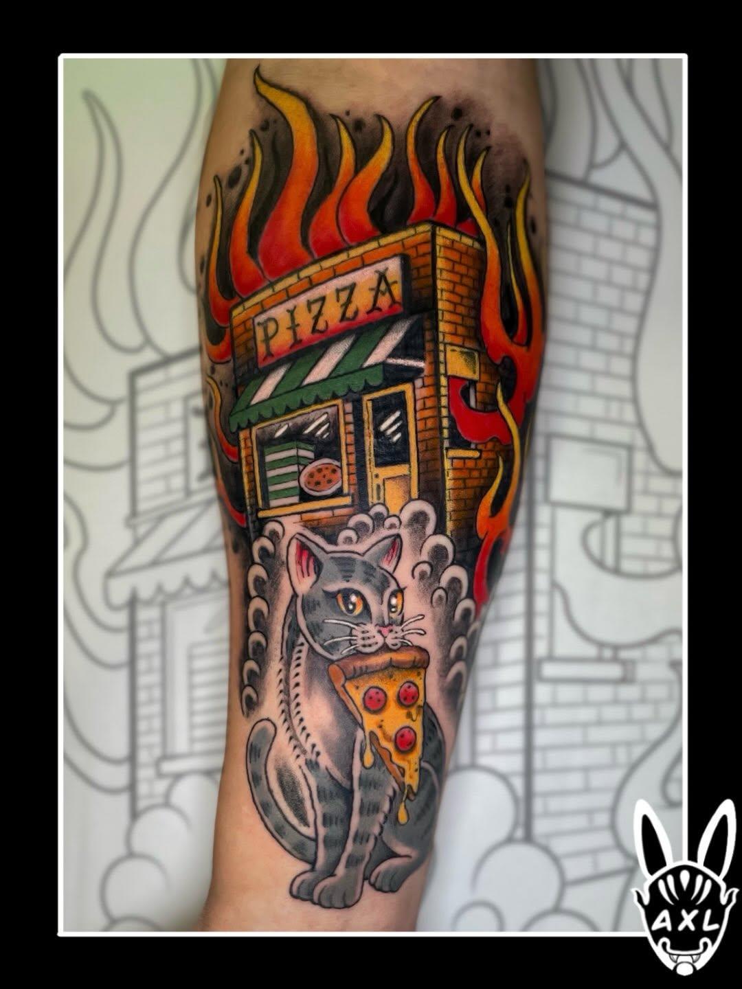 Tatouage chat pizza cartoon — axlt_art