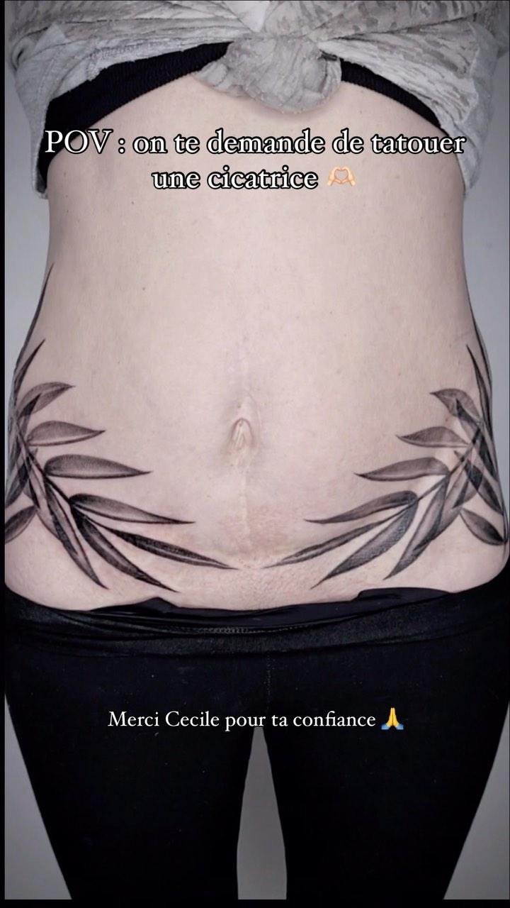 Tatouage embellissant une cicatrice, fine line floral — lautre.pauline