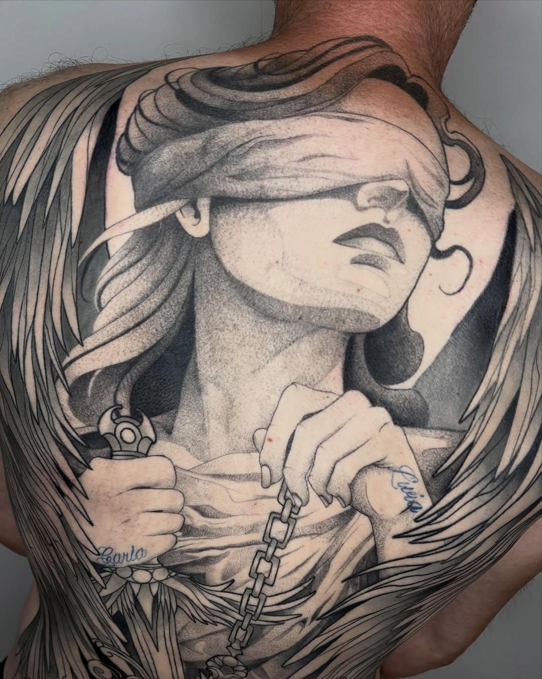 Lady Justice dos complet blackwork portrait — thom_medusa