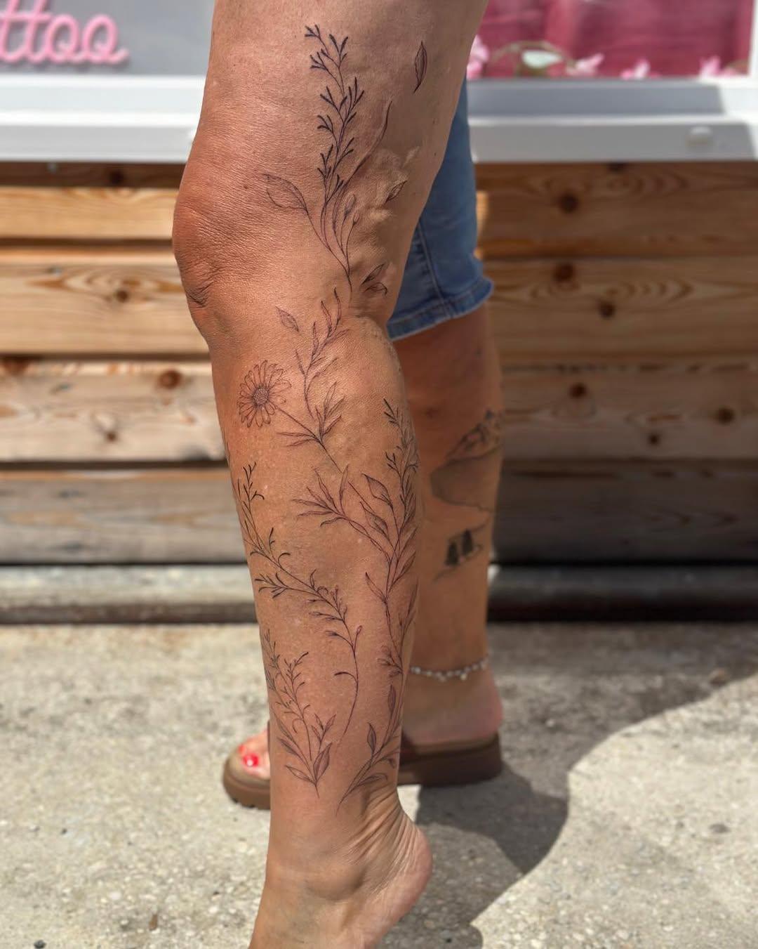 Tatouage botanique jambe fineline — lilyskinart