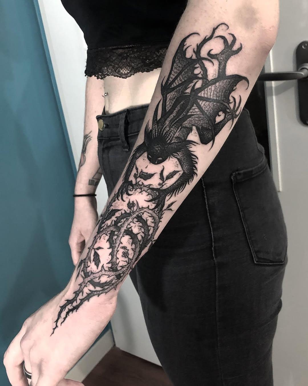 Brambles tears dotwork tattoo by logur_