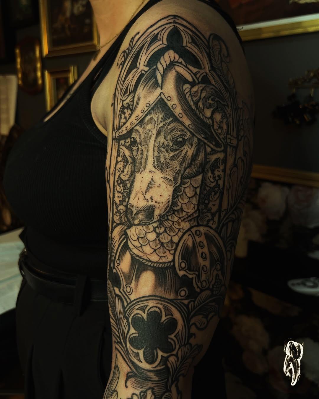 Whippet dog helmet tattoo sleeve by la_kenotte