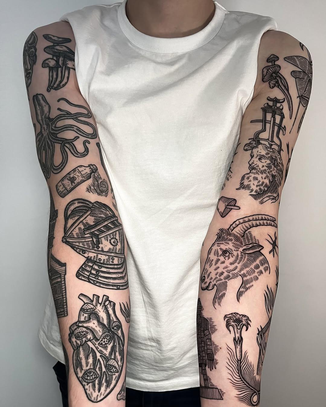Double manchon gravure illustration deux bras par marvin_tat