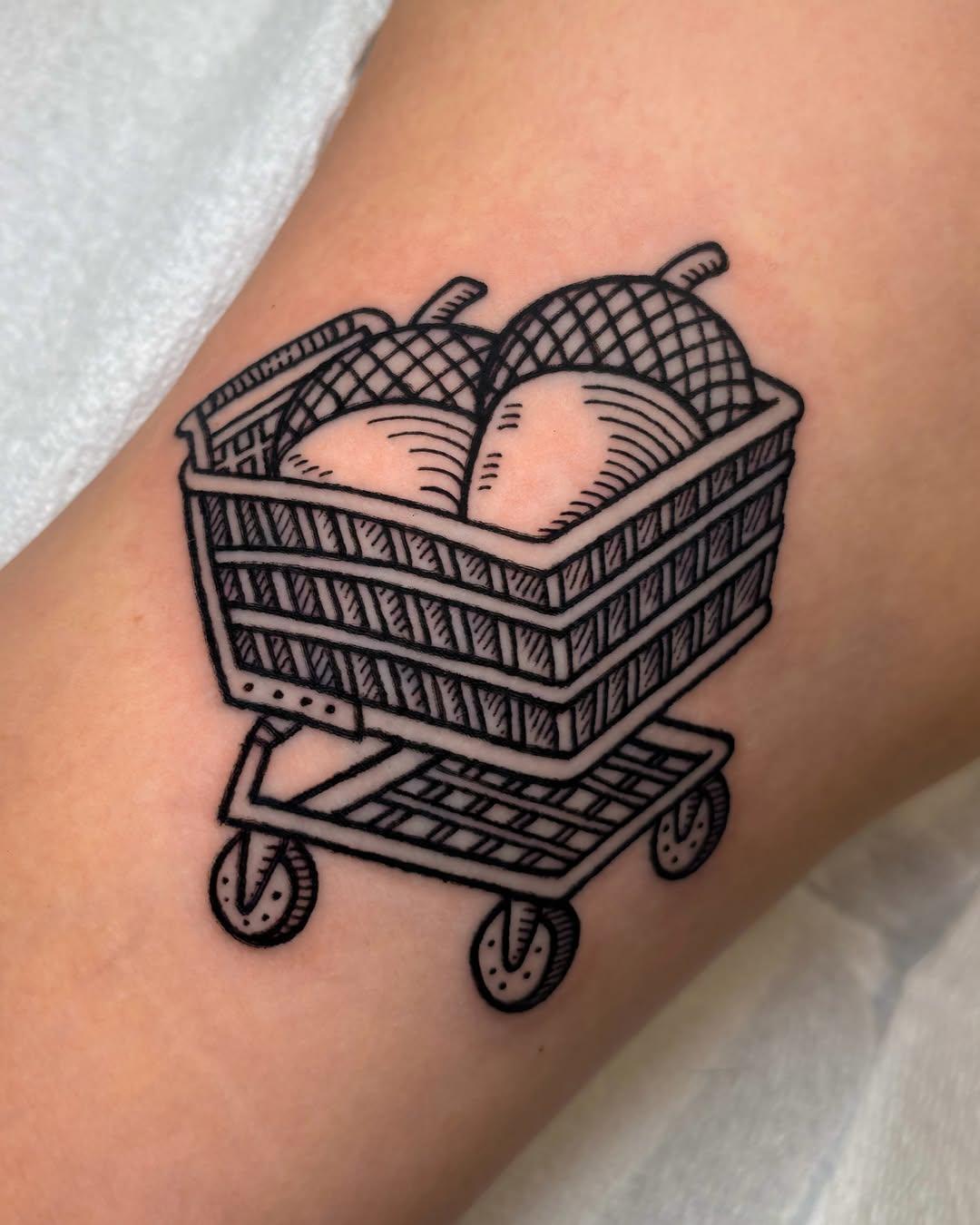 Shopping cart tattoo on arm by marvin_tat