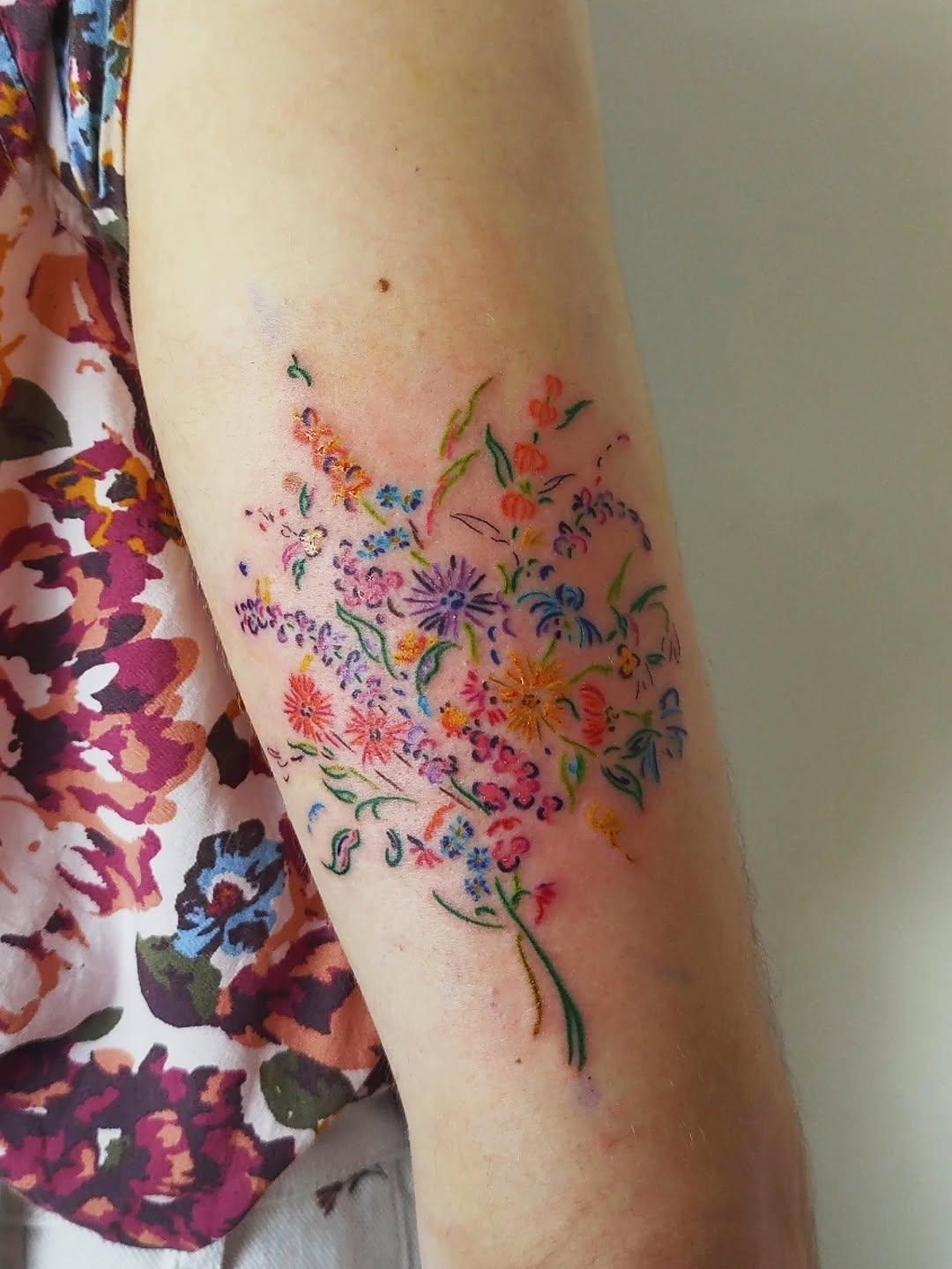 Bouquet floral coloré fineline bras