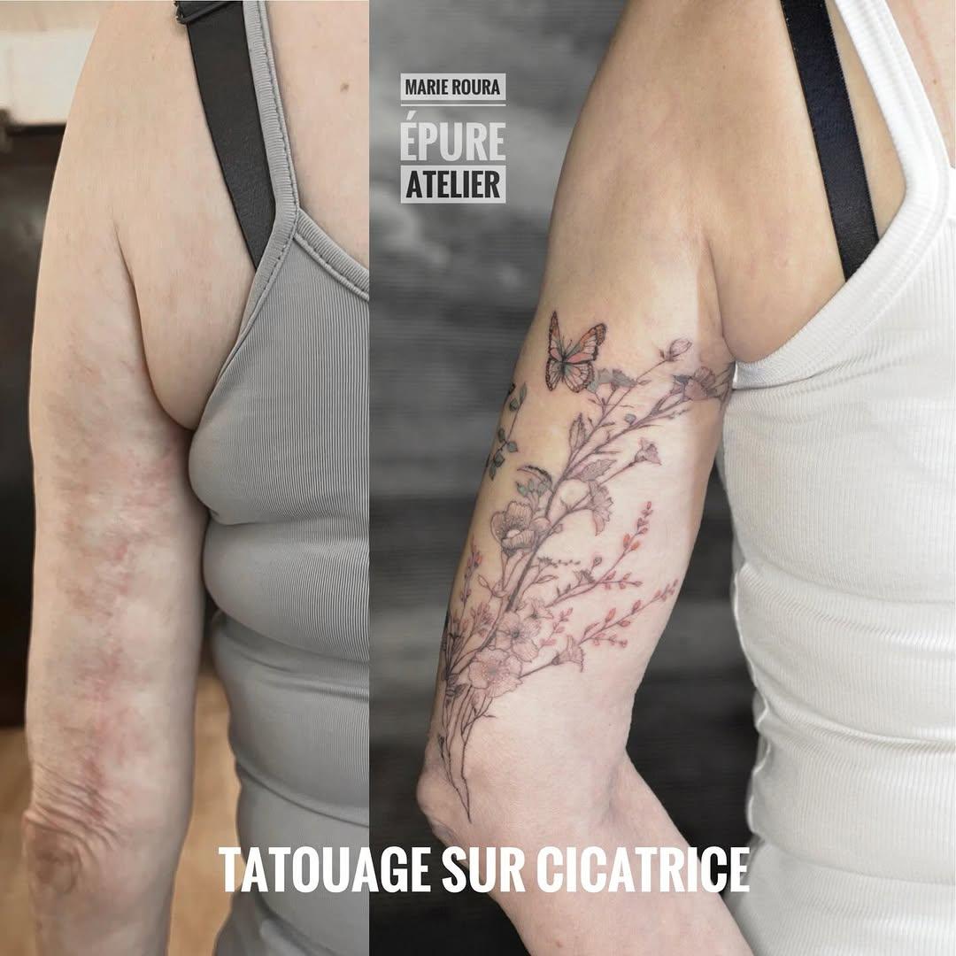 Tatouage Cicatrice fleurs papillons — marieroura.epureatelier
