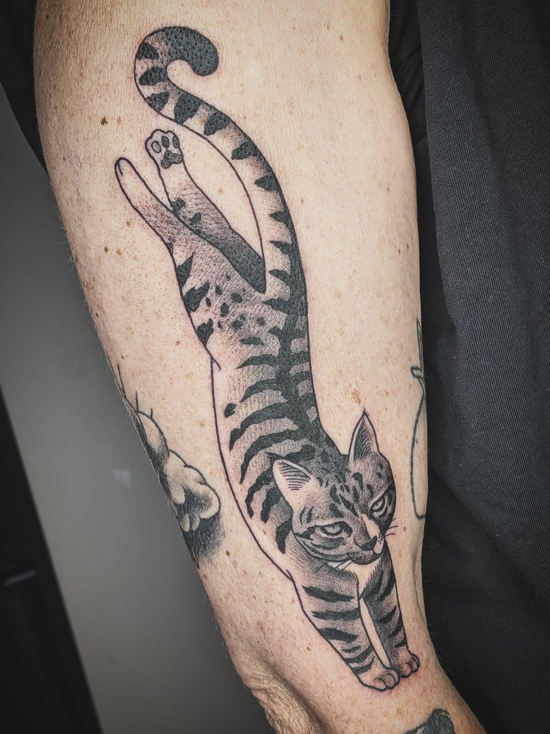 Tatouage chat linéaire jambe — monsieuralfred.tatouage