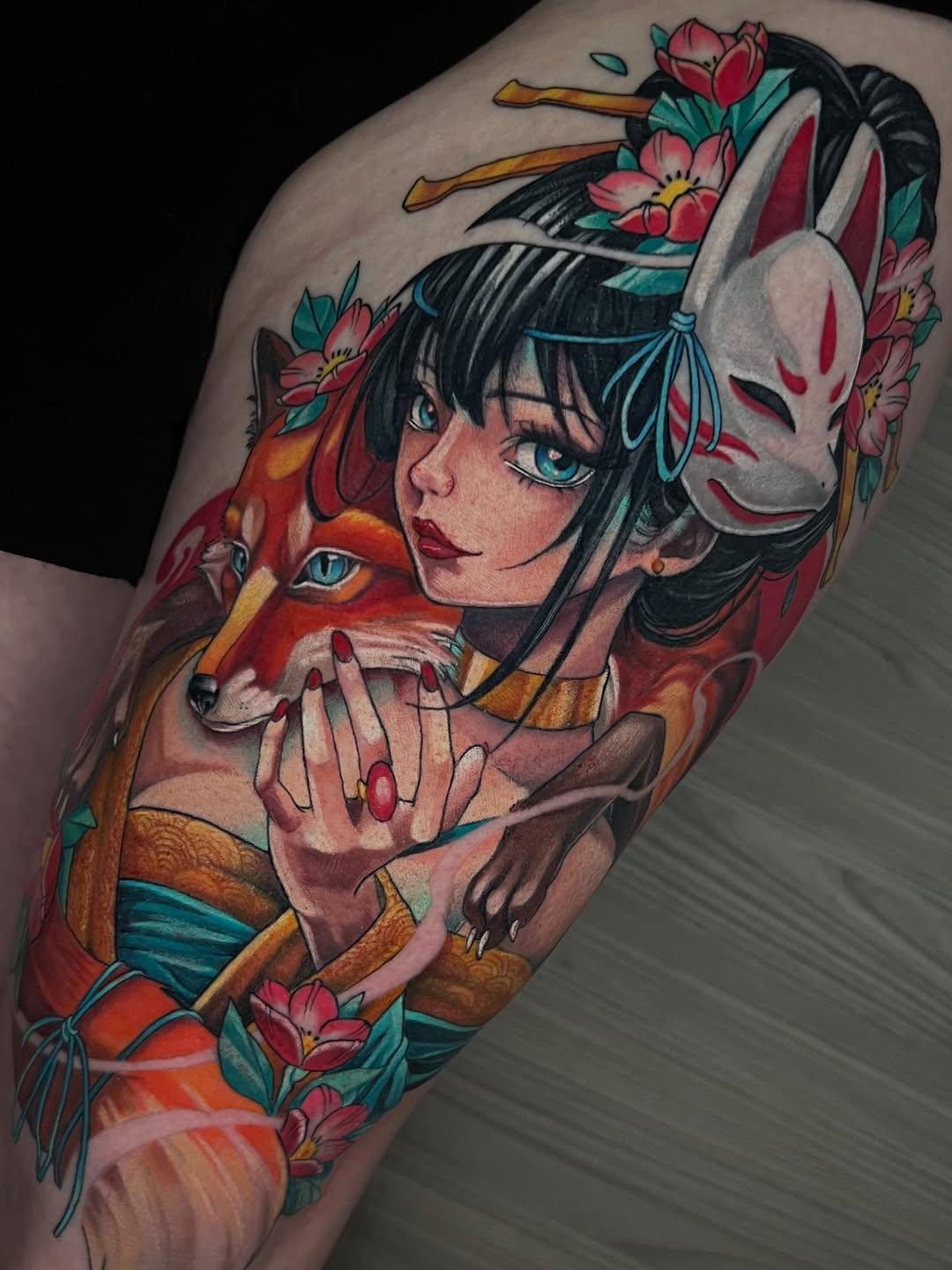 Tatouage Femme anime avec renard et fleurs — laenainkward