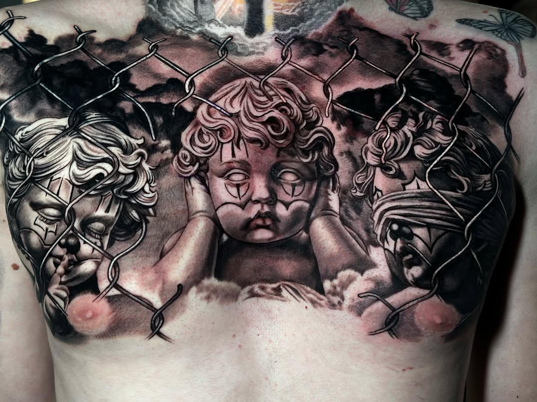 Tatouage Anges et chaîne cover réalisme — tchoum_tattoo_art