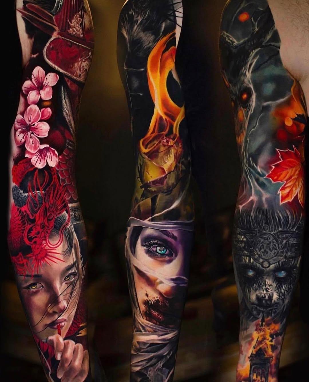 Tatouage Rose, visage et dragon - full sleeve — shooby_tattoo