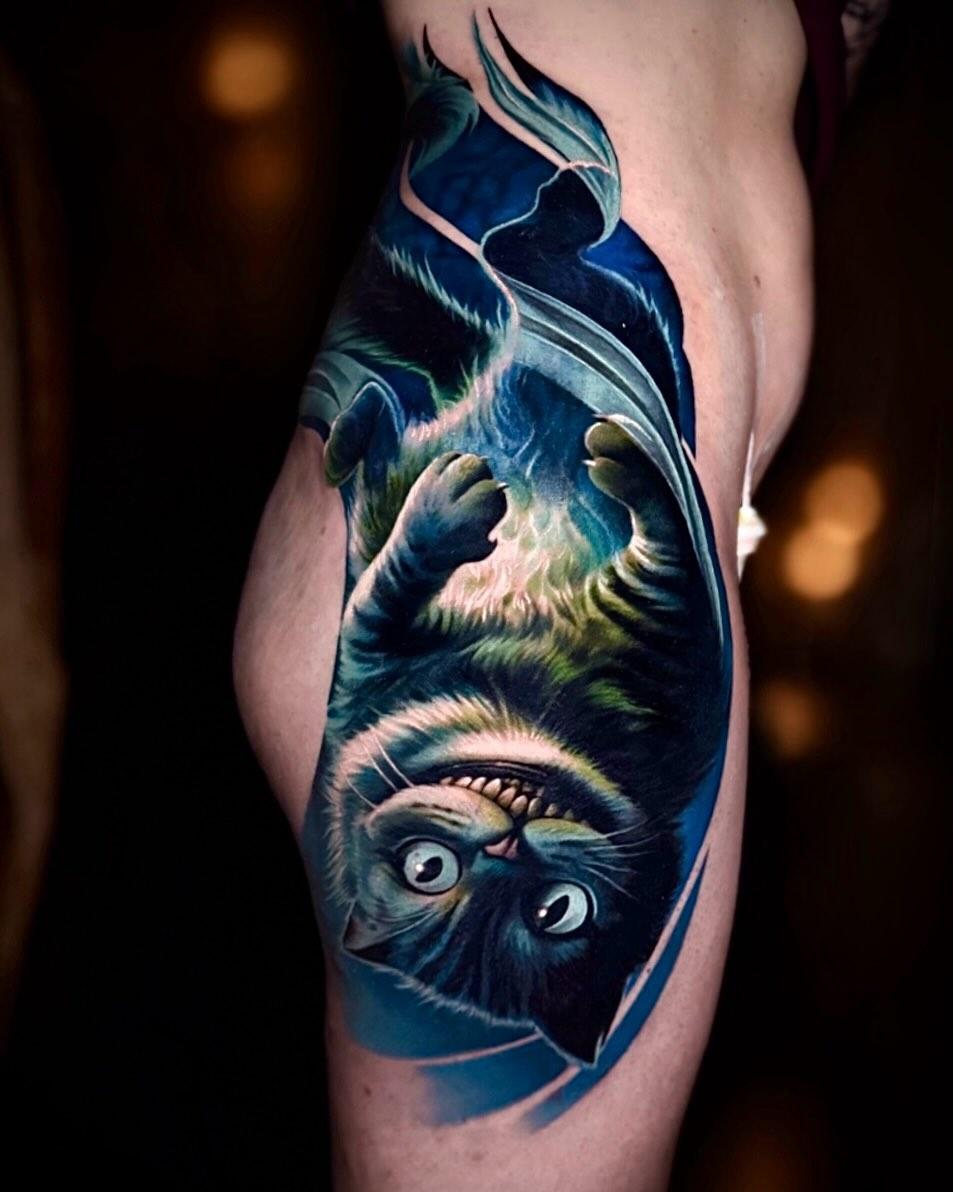 Tatouage Chat Cheshire couleur — joelalbatattoo