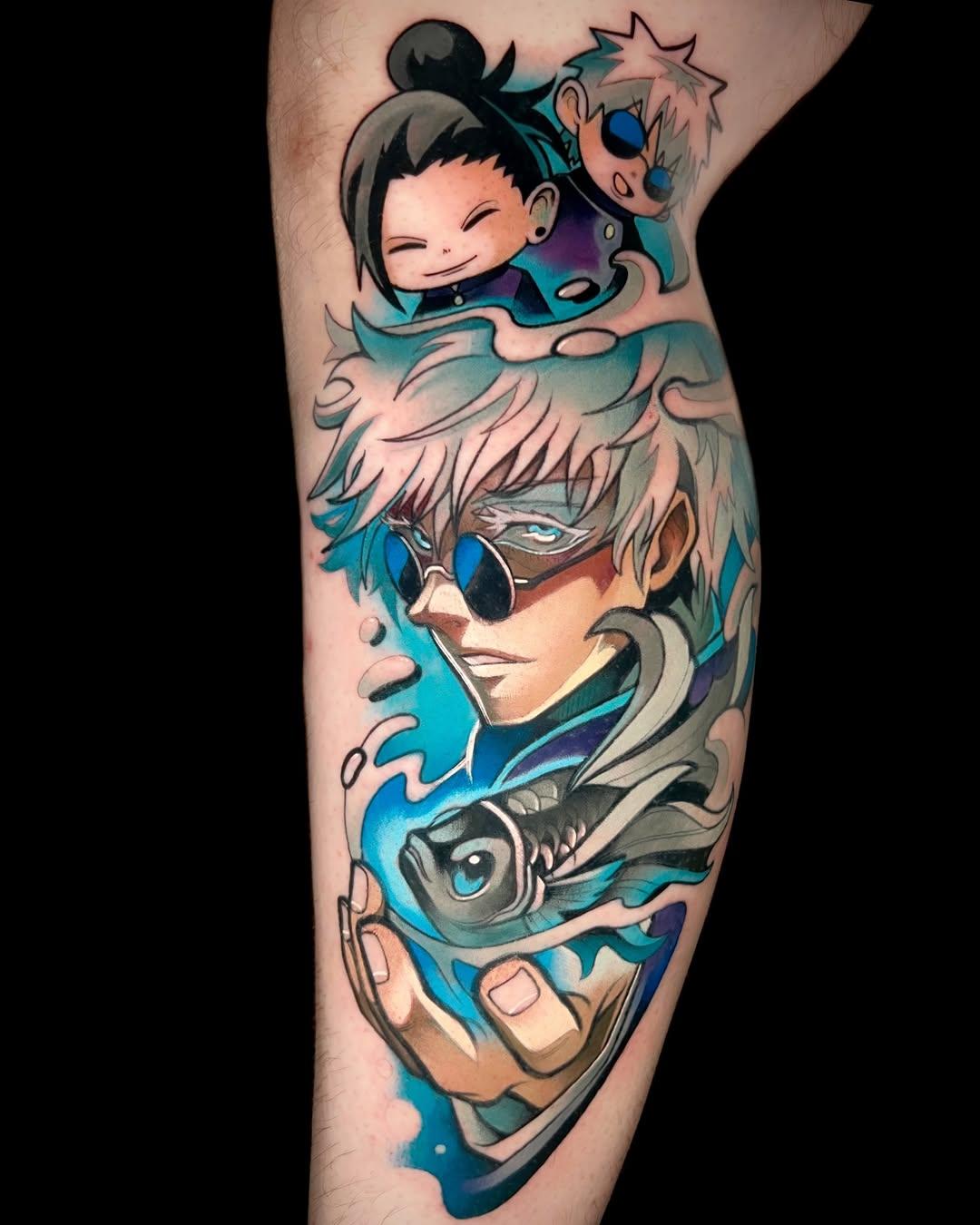 Tatouage Gojo et Geto JJK en couleurs froides — runotattooer