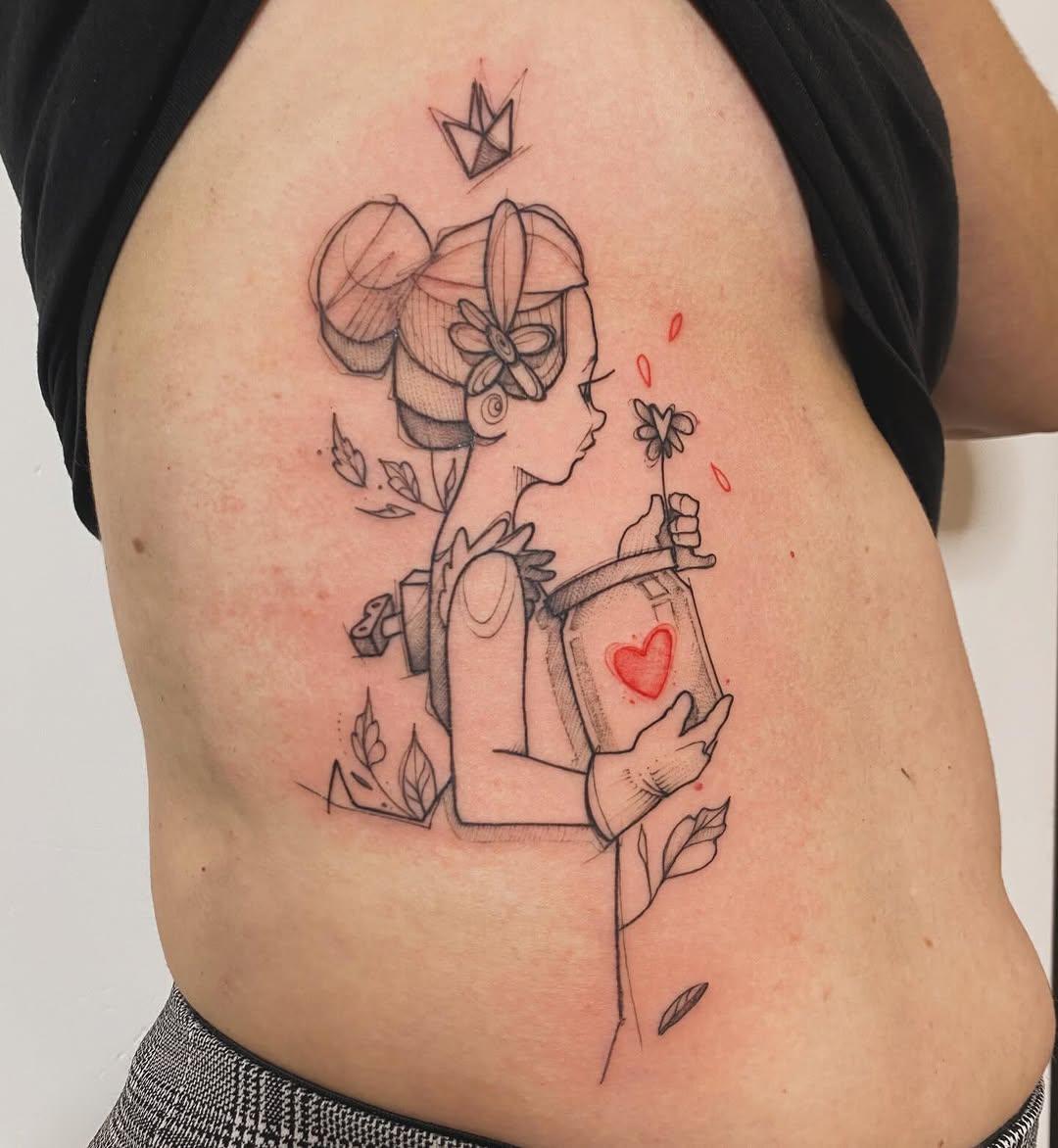 Tatouage Profil féminin floral avec cœur — bencaillous.tattoo