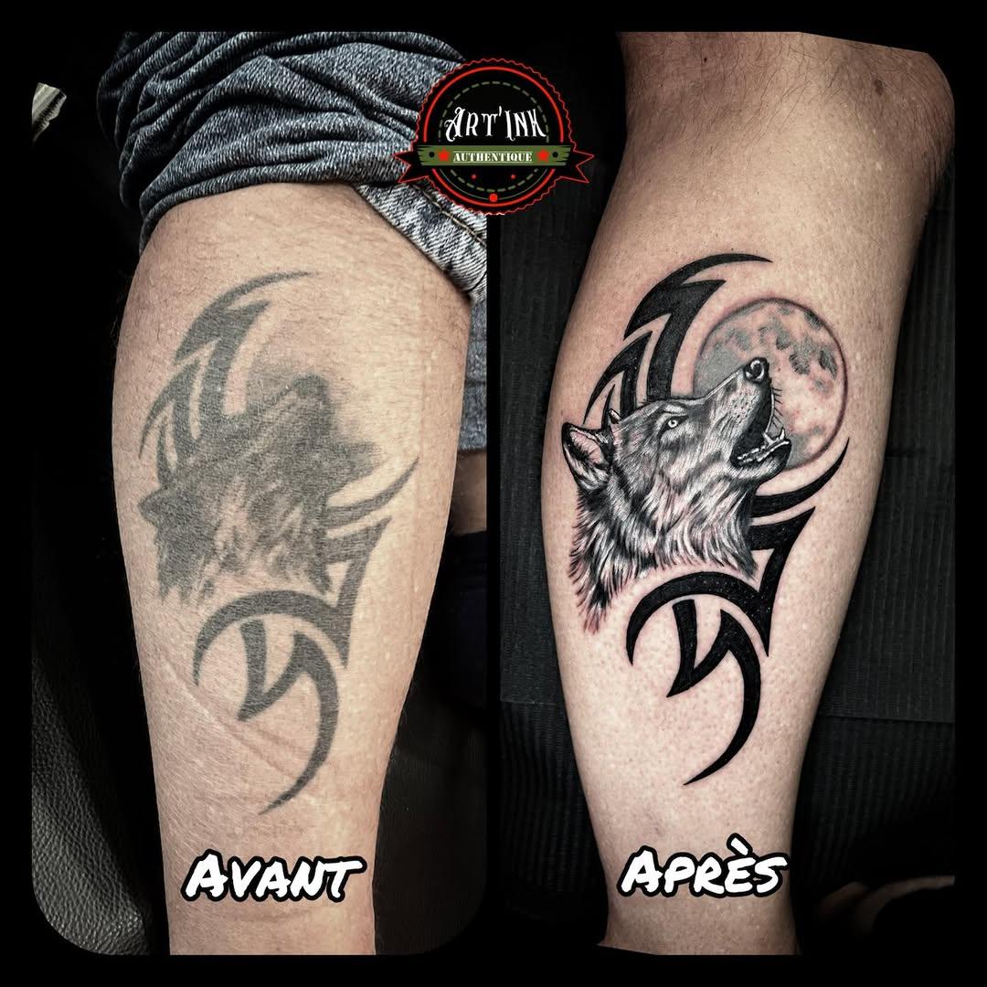 Tatouage Loup et lune cover-up — artinksimtattoo