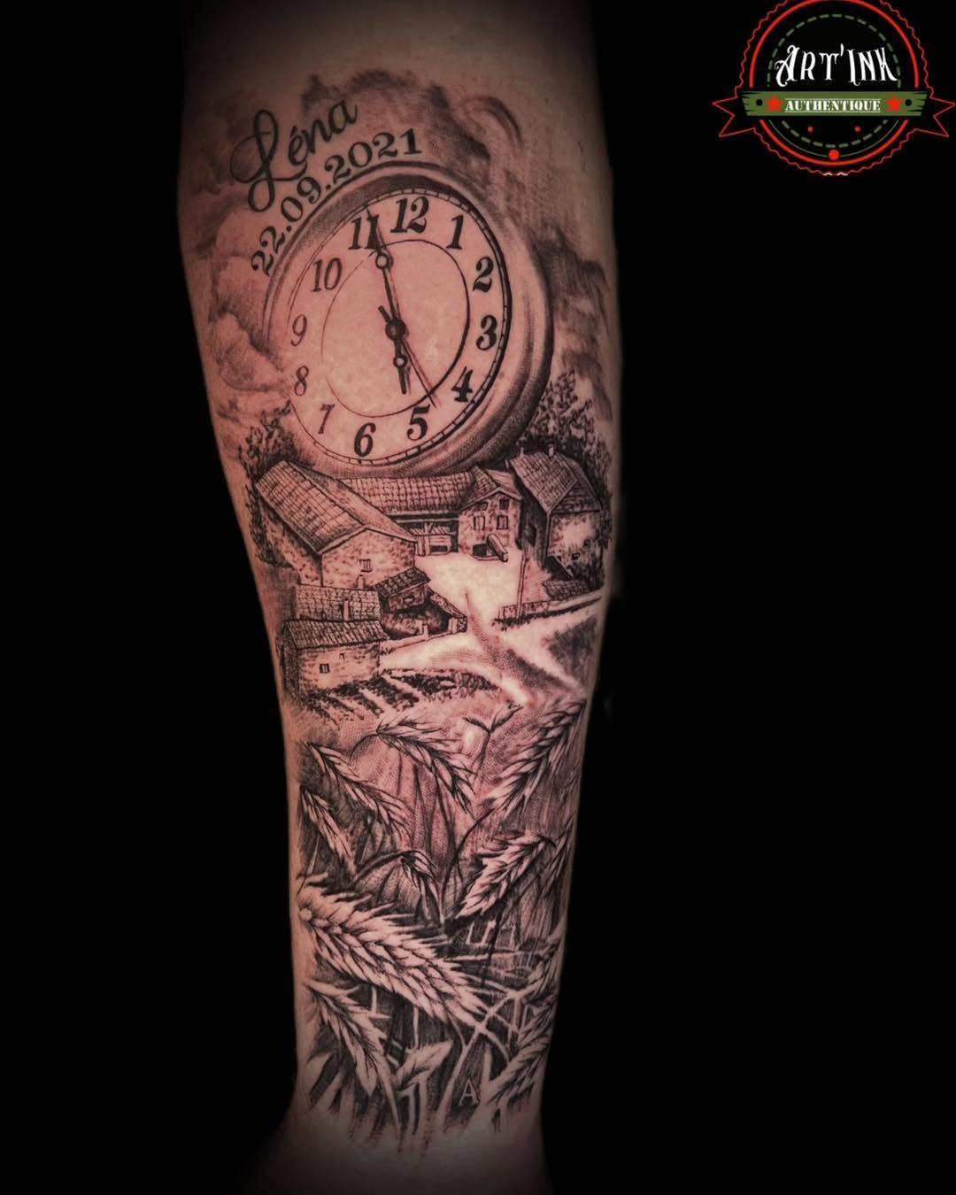 Tatouage Horloge maison plantes — artinksimtattoo