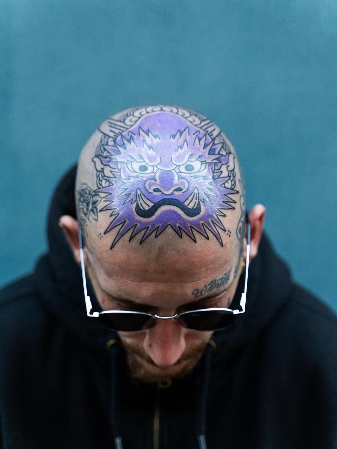 Tatouage Oni demon tête violet couleur — ondoritattoo