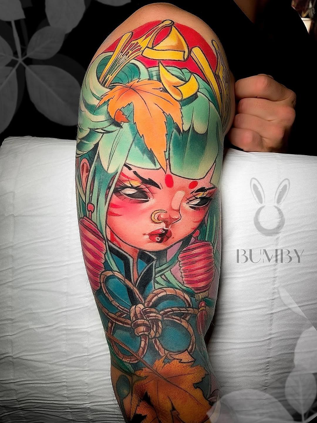 Tatouage Poupée japonaise bras complet — bumby_tattoo