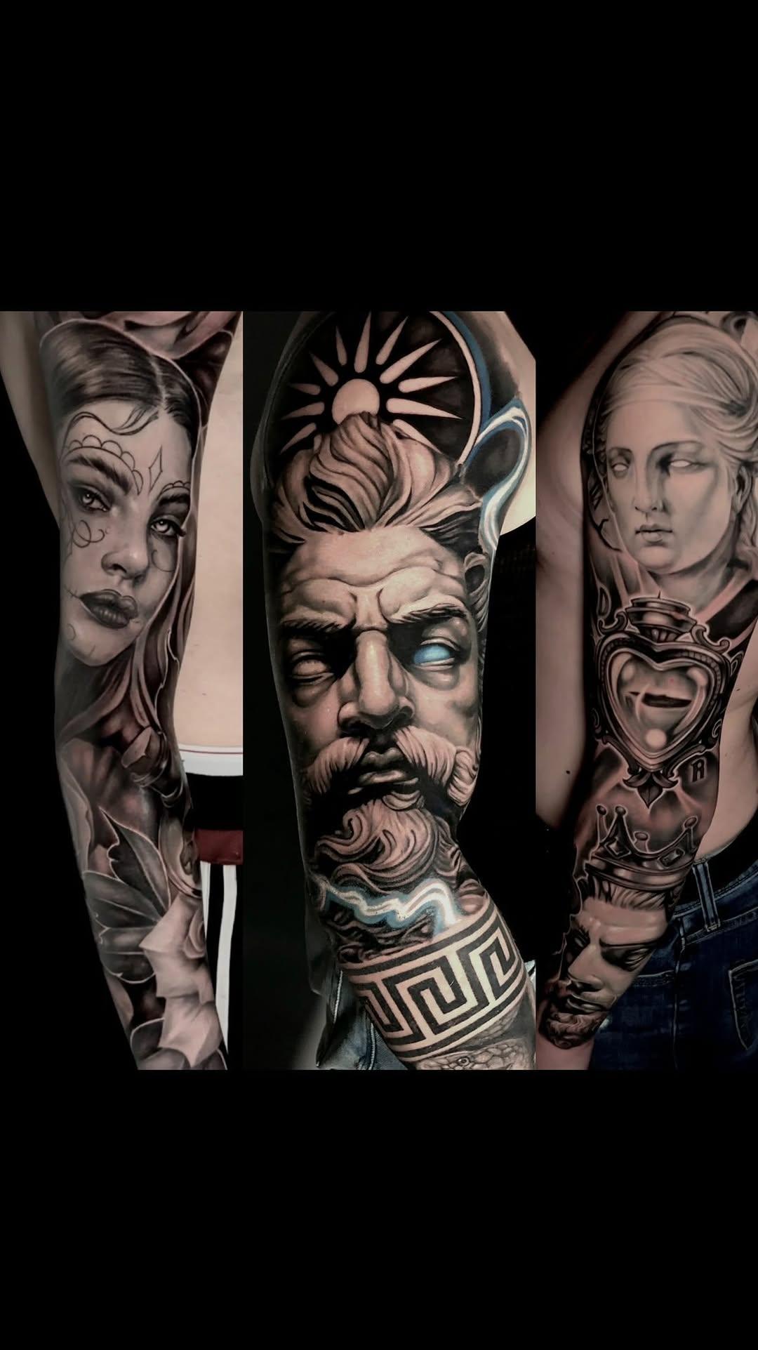 Tatouage Trois manches complètes avec portraits et symboles — balthazars_11
