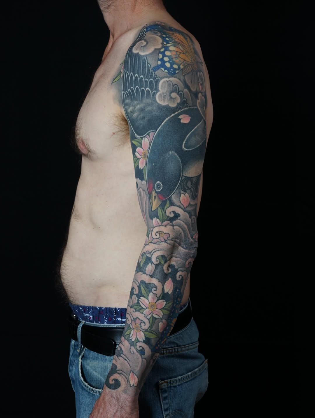 Tatouage Oiseau et koi complets bras — python.tattoo