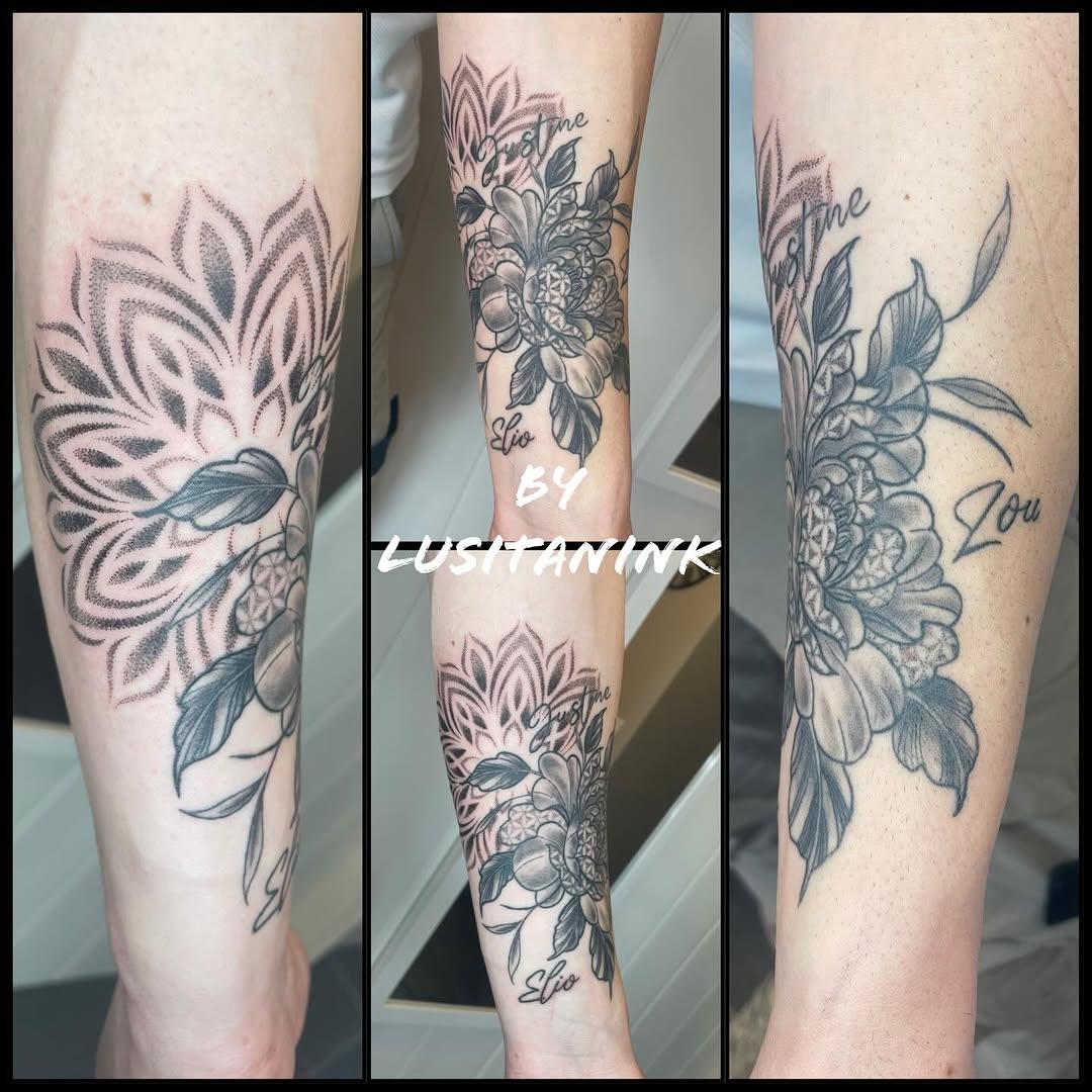 Tatouage mandala dotwork pivoine — lusitanink